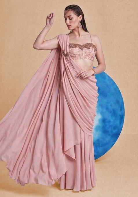 Pink Georgette Handwork Pre Draped Saree Set