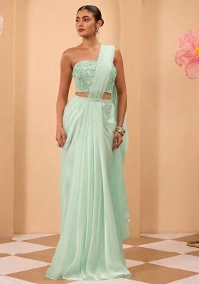 Mint Green Organza Handwork Pre Draped Saree Set