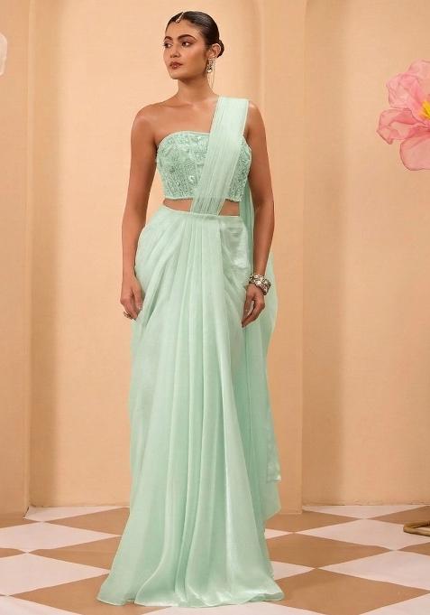 Mint Green Organza Handwork Pre Draped Saree Set — view on Indya
