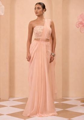 Peach Organza Handwork Pre Draped Saree Set