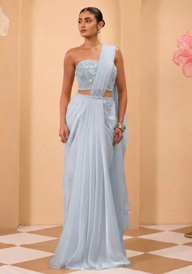 Blue Organza Handwork Pre Draped Saree Set