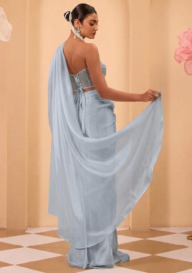 Blue Organza Handwork Pre Draped Saree Set - Indya