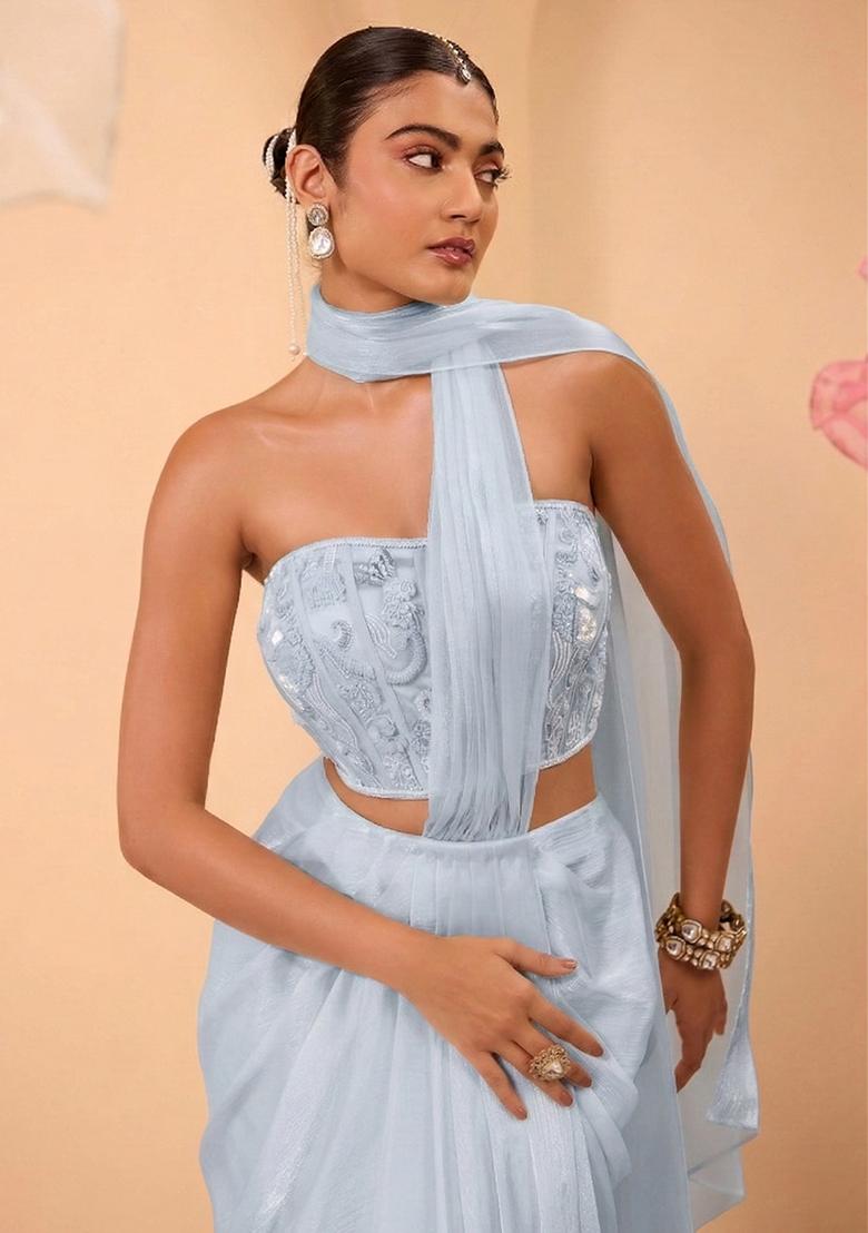 Blue Organza Handwork Pre Draped Saree Set - Indya
