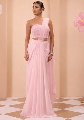 Pink Organza Handwork Pre Draped Saree Set