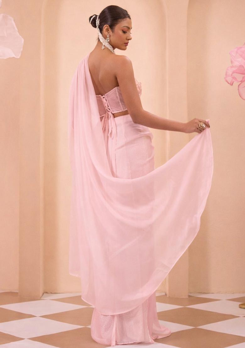 Pink Organza Handwork Pre Draped Saree Set - Indya