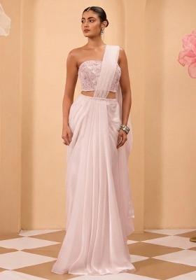 Soft Pink Organza Handwork Pre Draped Saree Set