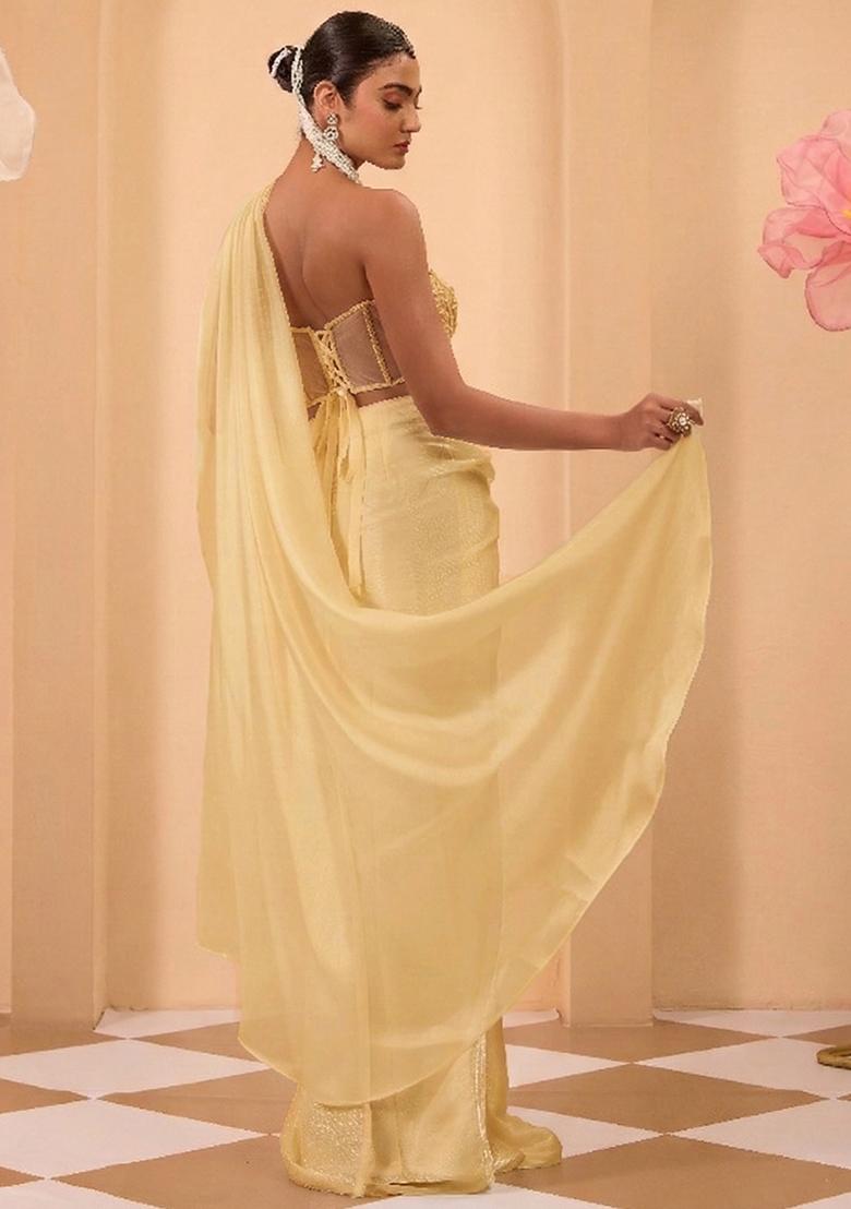 Yellow Organza Handwork Pre Draped Saree Set - Indya