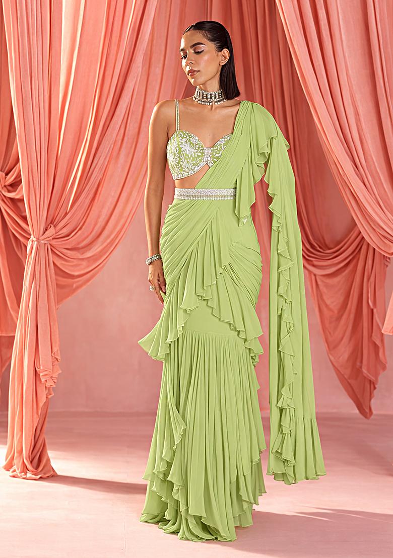 Lime Green Georgette Handwork Pre Draped Saree Set - Indya