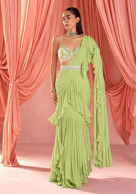 Lime Green Georgette Handwork Pre Draped Saree Set