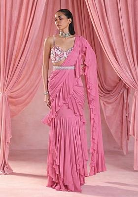 Pink Georgette Handwork Pre Draped Saree Set
