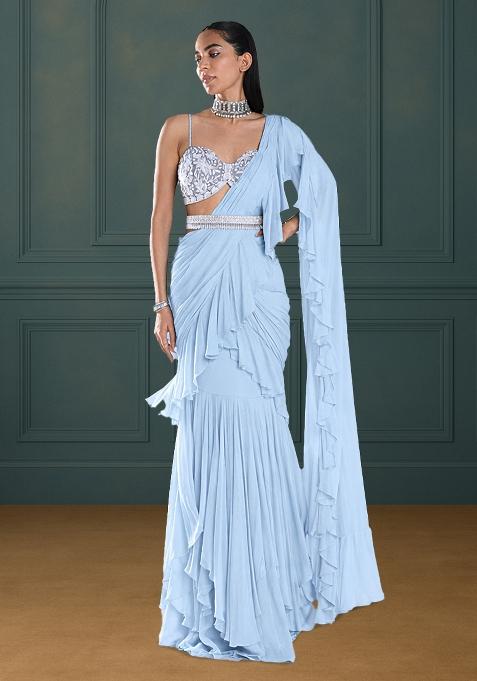 Soft Blue Georgette Handwork Pre Draped Saree Set