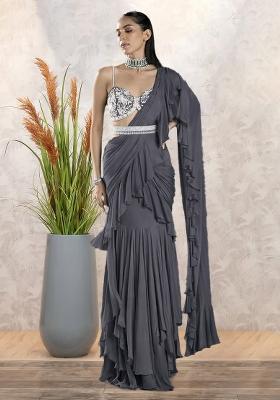 Grey Georgette Handwork Pre Draped Saree Set