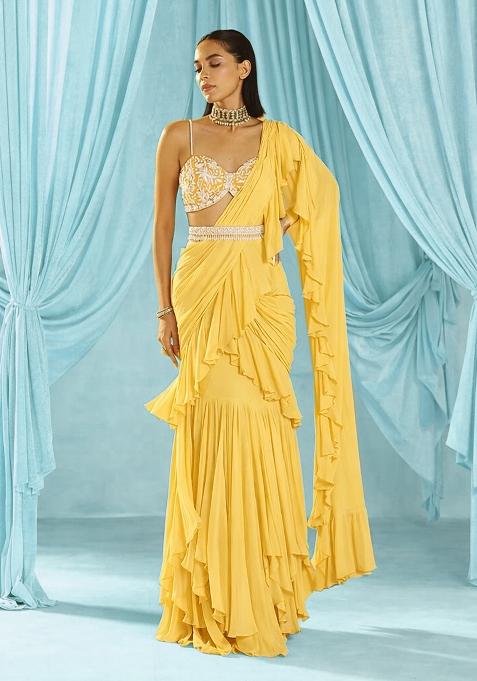 Yellow Georgette Handwork Pre Draped Saree Set