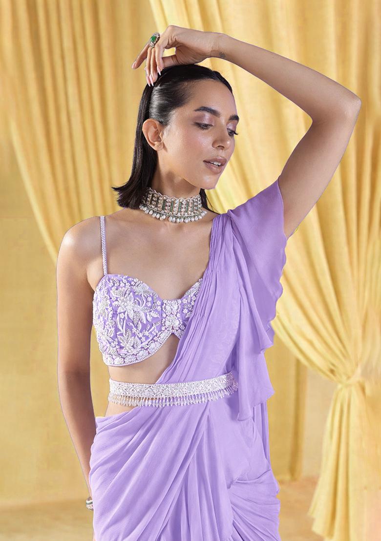 Lilac Georgette Handwork Pre Draped Saree Set - Indya