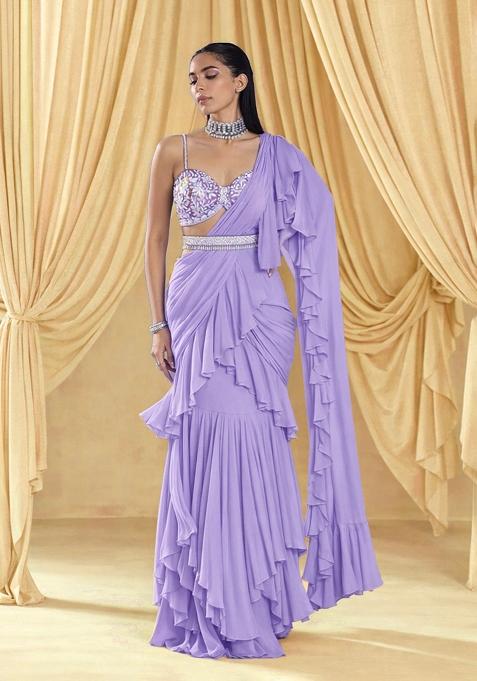 Lilac Georgette Handwork Pre Draped Saree Set