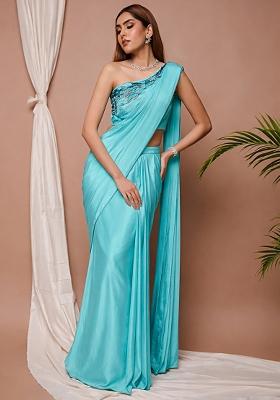 Blue Satin Handwork Pre Draped Saree Set