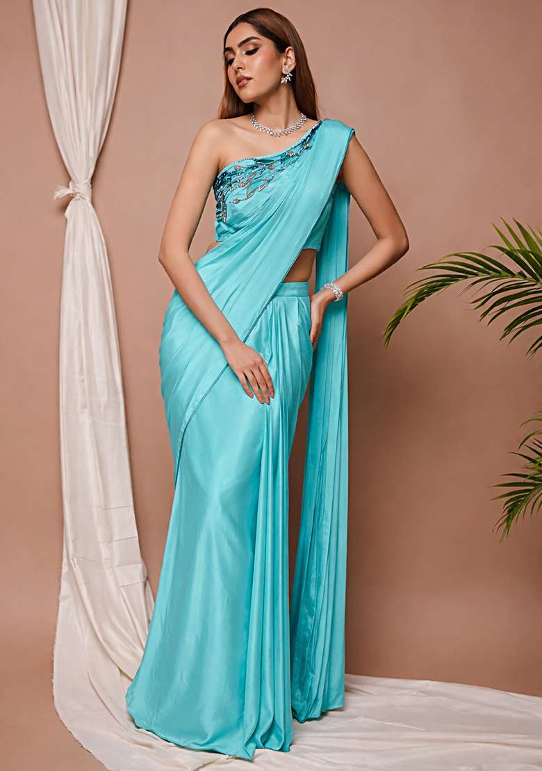 Blue Satin Pre Draped Saree Set with Handwork for Diwali | Wedding & Festive Wear - Indya