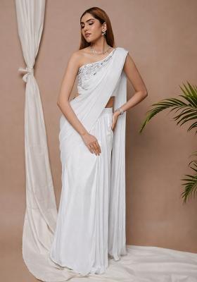 White Satin Handwork Pre Draped Saree Set
