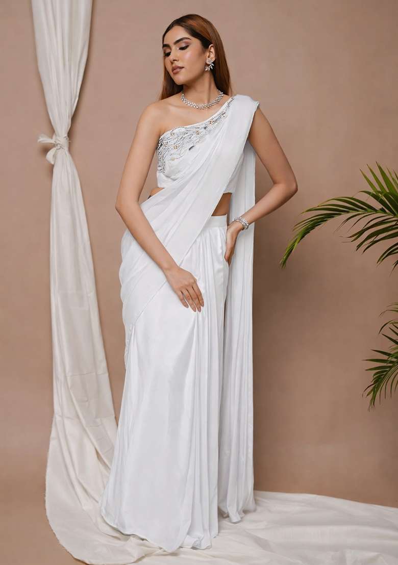 White Satin Pre Draped Saree Set with Handwork for Diwali | Wedding & Festive Wear - Indya