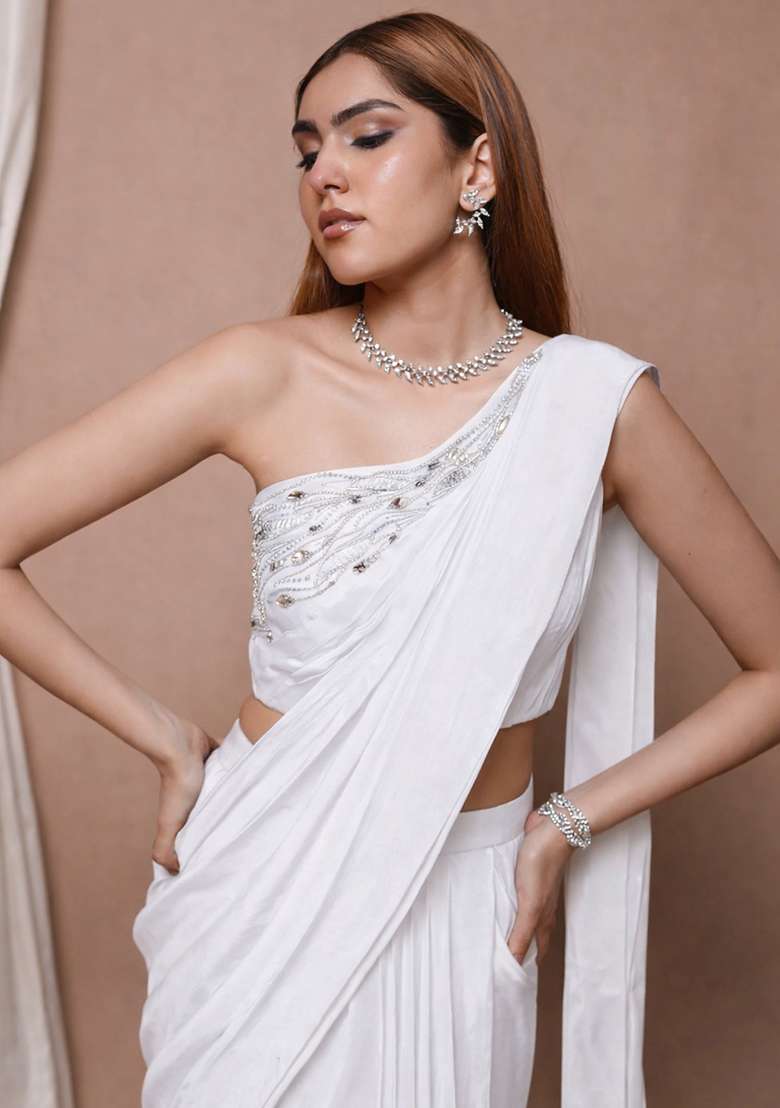 White Satin Pre Draped Saree Set with Handwork for Diwali | Wedding & Festive Wear - Indya