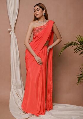 Coral Satin Handwork Pre Draped Saree Set
