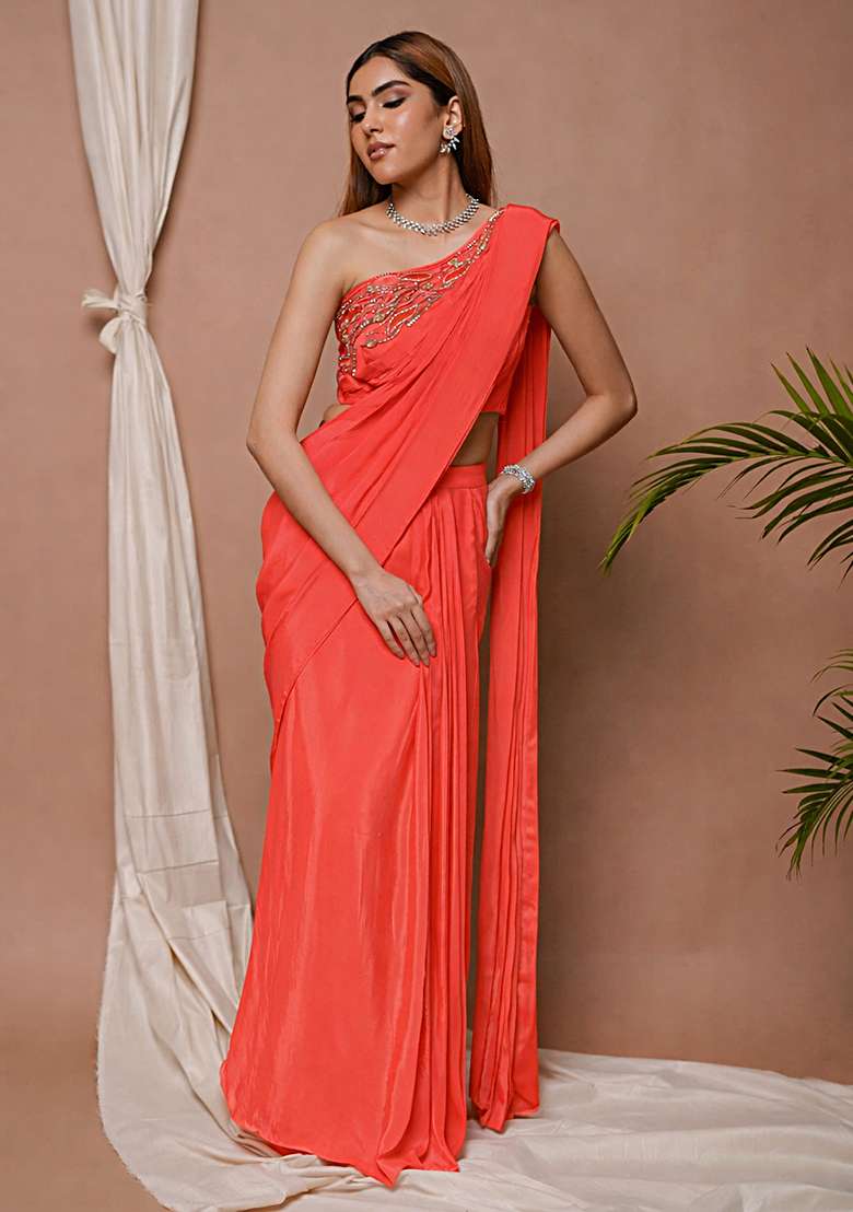 Coral Satin Handwork Pre Draped Saree Set for Diwali and Festive Wear - Indya