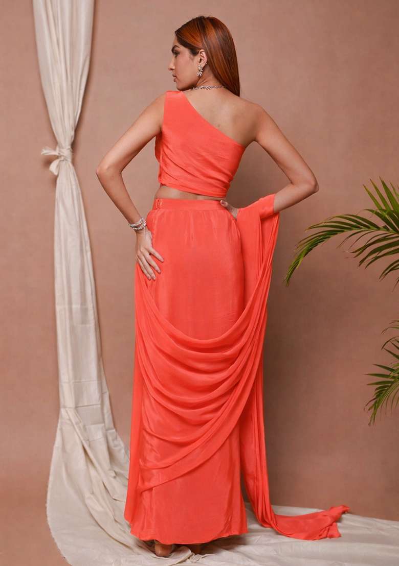 Coral Satin Handwork Pre Draped Saree Set for Diwali and Festive Wear - Indya
