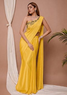Yellow Satin Handwork Pre Draped Saree Set