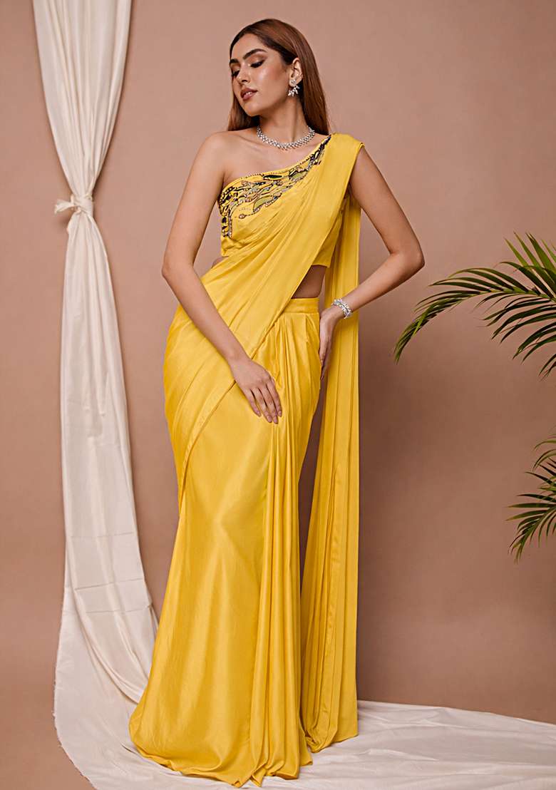 Yellow Satin Handwork Pre Draped Saree Set for Diwali and Festive Wear - Indya