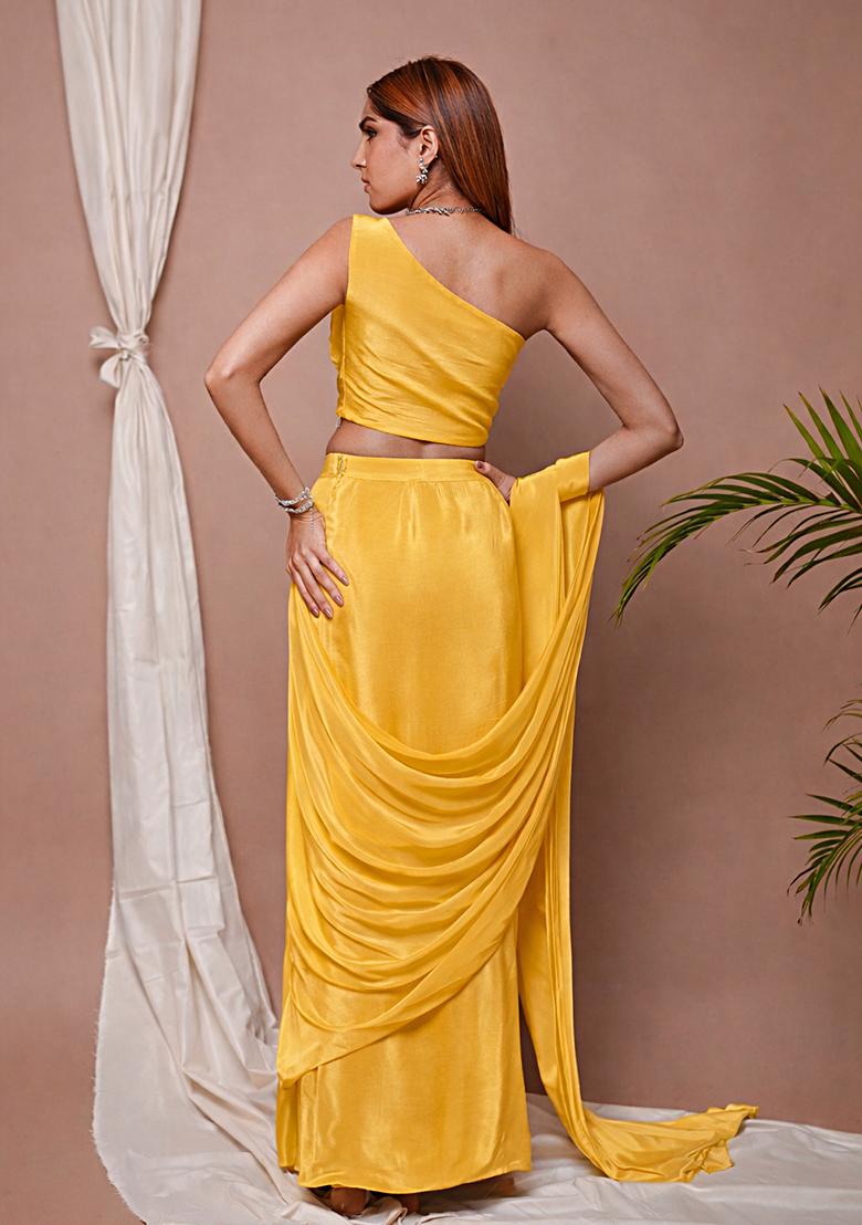Yellow Satin Handwork Pre Draped Saree Set - Indya