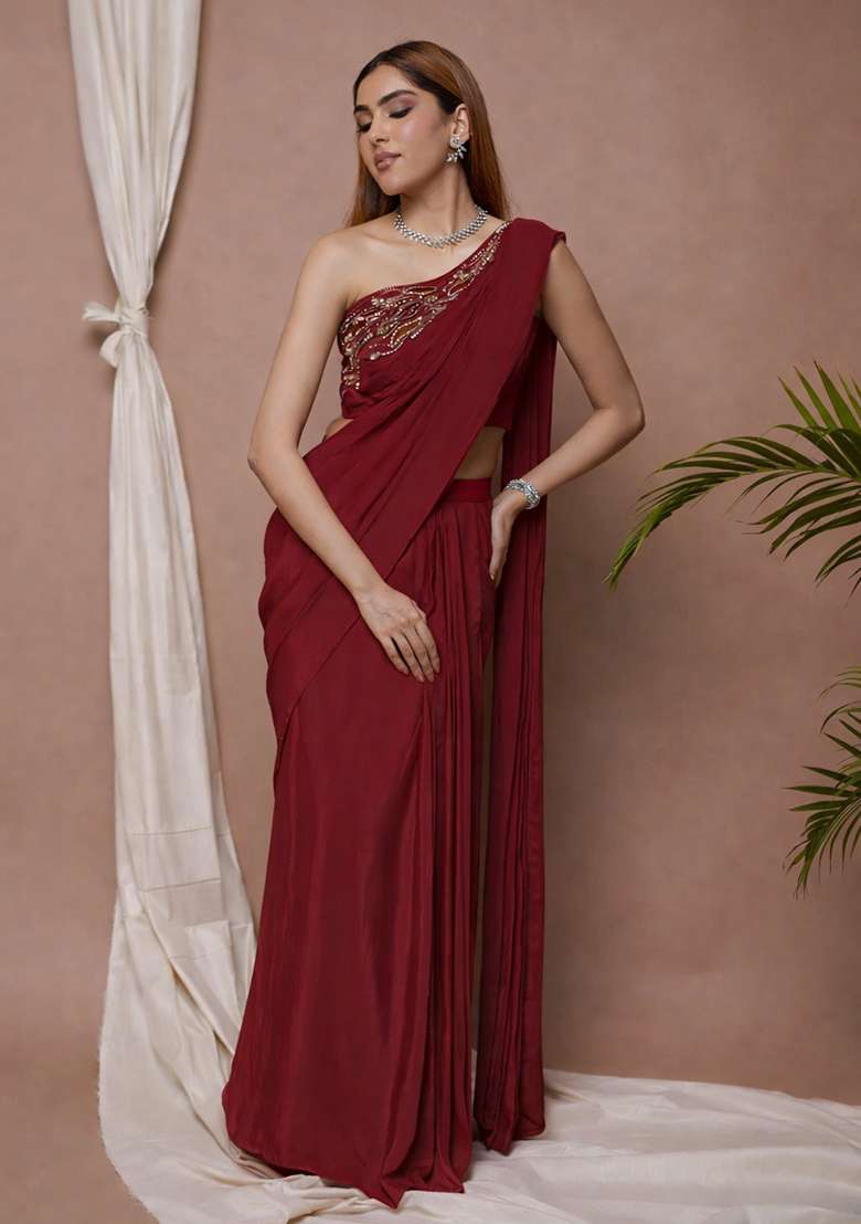 Maroon Satin Pre Draped Saree Set with Handwork for Diwali | Wedding & Festive Wear - Indya