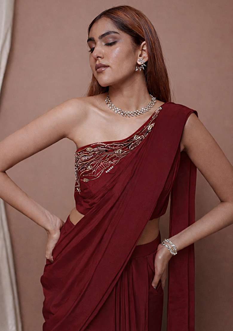 Maroon Satin Pre Draped Saree Set with Handwork for Diwali | Wedding & Festive Wear - Indya