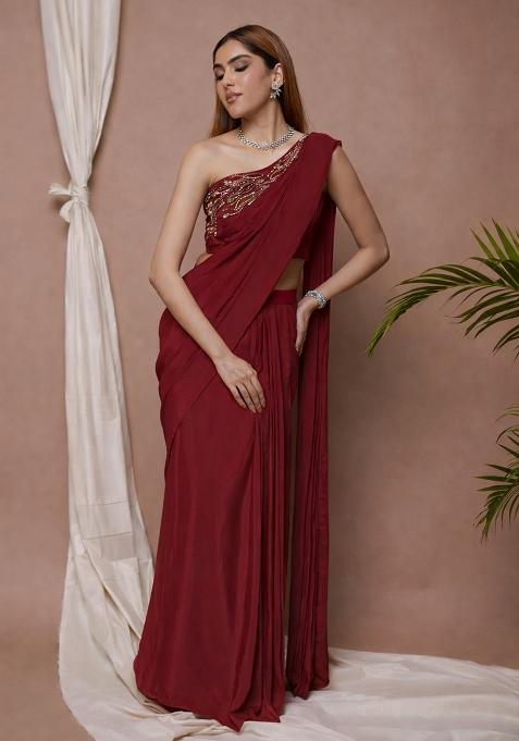 Maroon Satin Handwork Pre Draped Saree Set — view on Indya