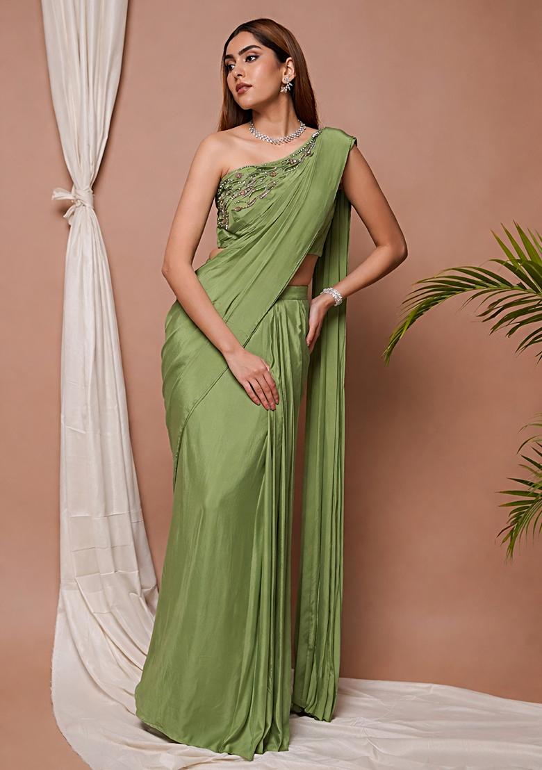 Brown Satin Handwork Pre Draped Saree Set - Indya