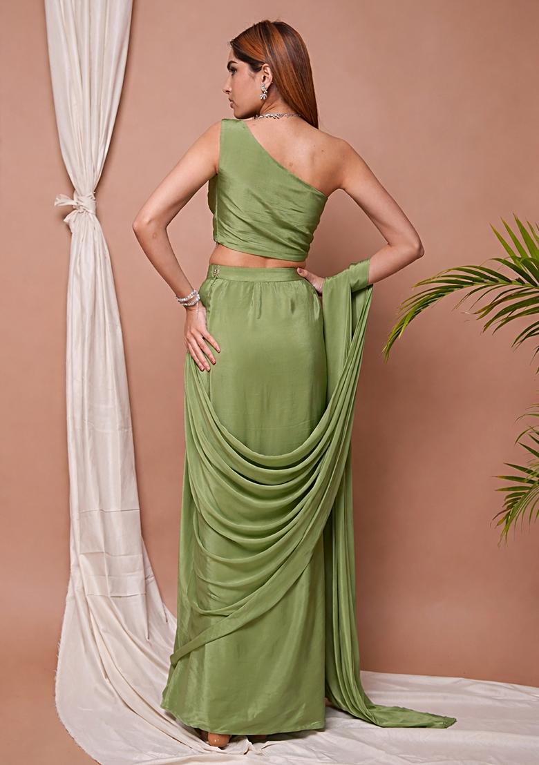 Brown Satin Handwork Pre Draped Saree Set - Indya