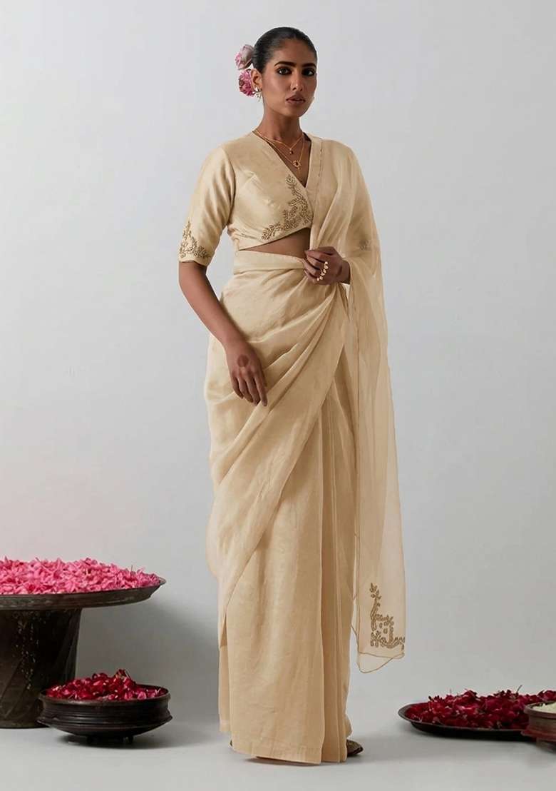 Beige Organza Handwork Pre Draped Saree Set - Indya