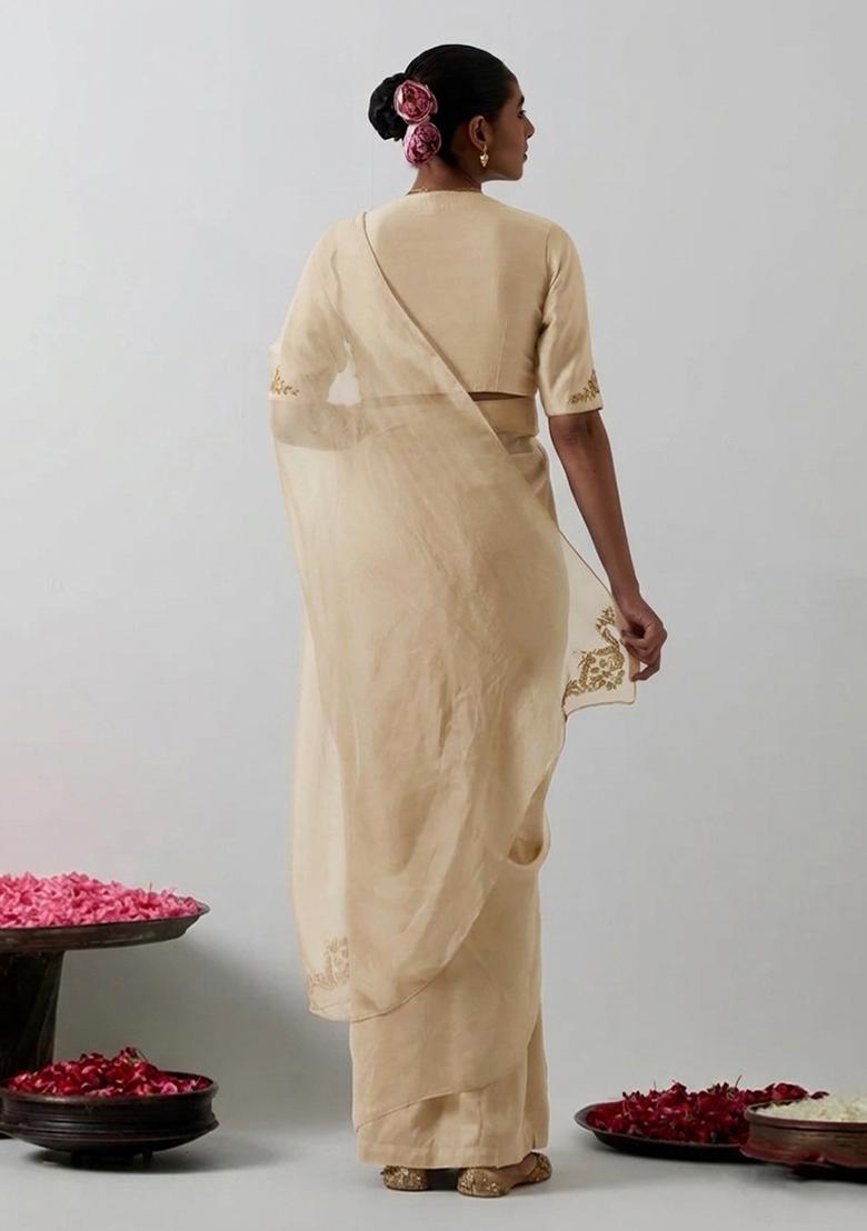 Beige Organza Handwork Pre Draped Saree Set - Indya