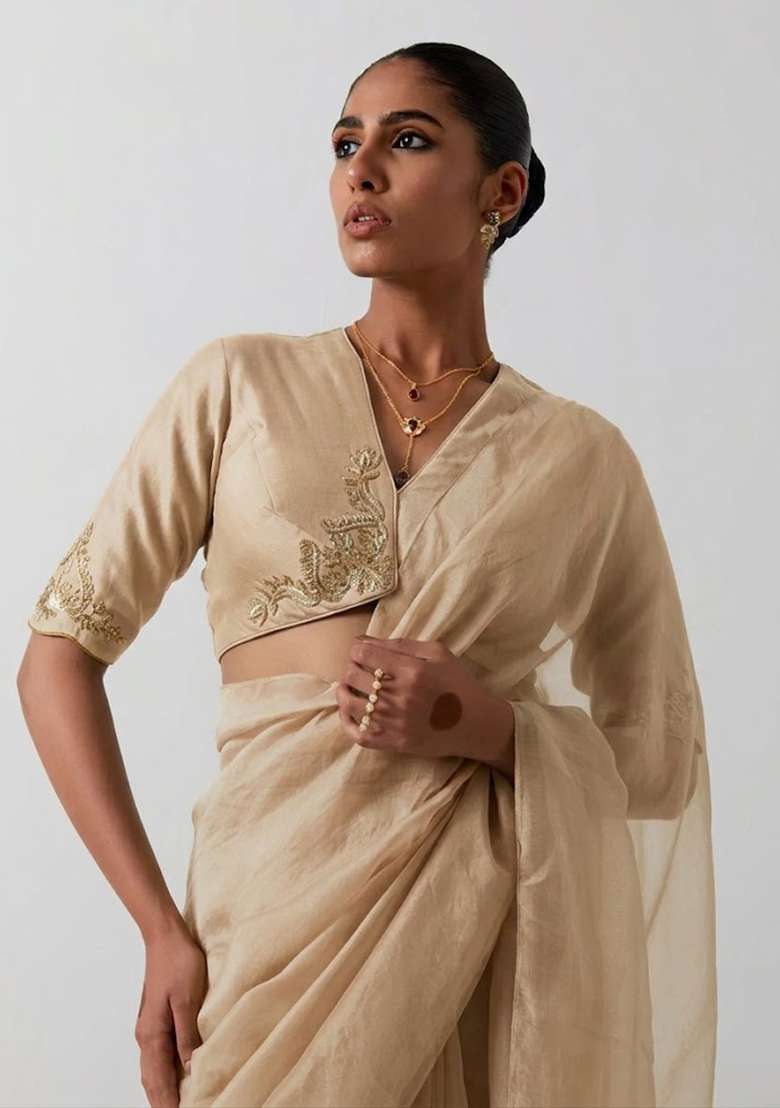 Beige Organza Handwork Pre Draped Saree Set - Indya