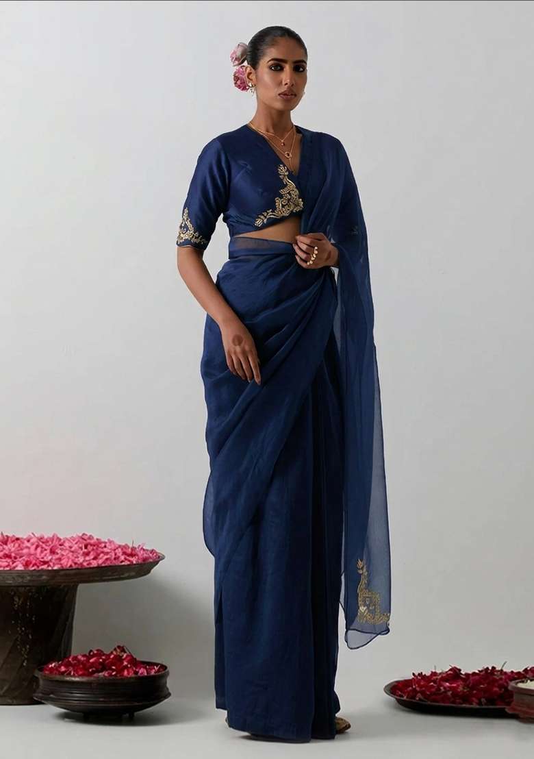 Midnight Blue Organza Handwork Pre Draped Saree Set - Indya