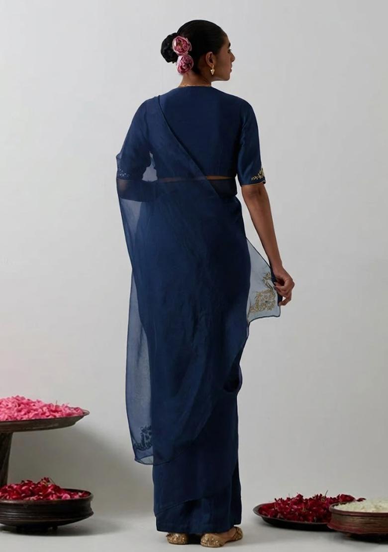 Midnight Blue Organza Handwork Pre Draped Saree Set - Indya