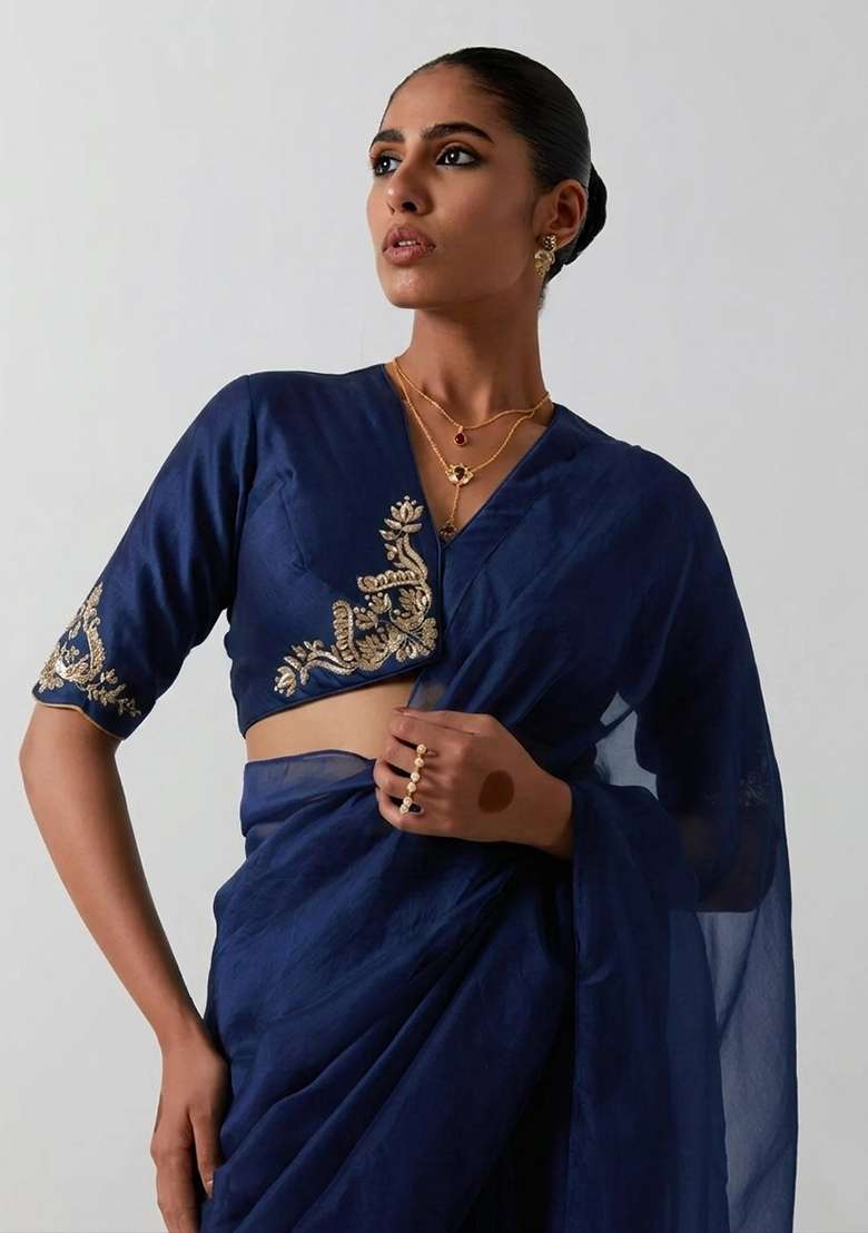 Midnight Blue Organza Handwork Pre Draped Saree Set - Indya