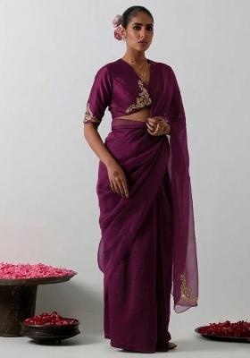 Wine Organza Handwork Pre Draped Saree Set