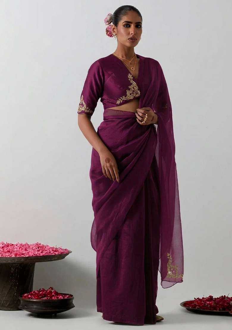 Wine Organza Handwork Pre Draped Saree Set - Indya