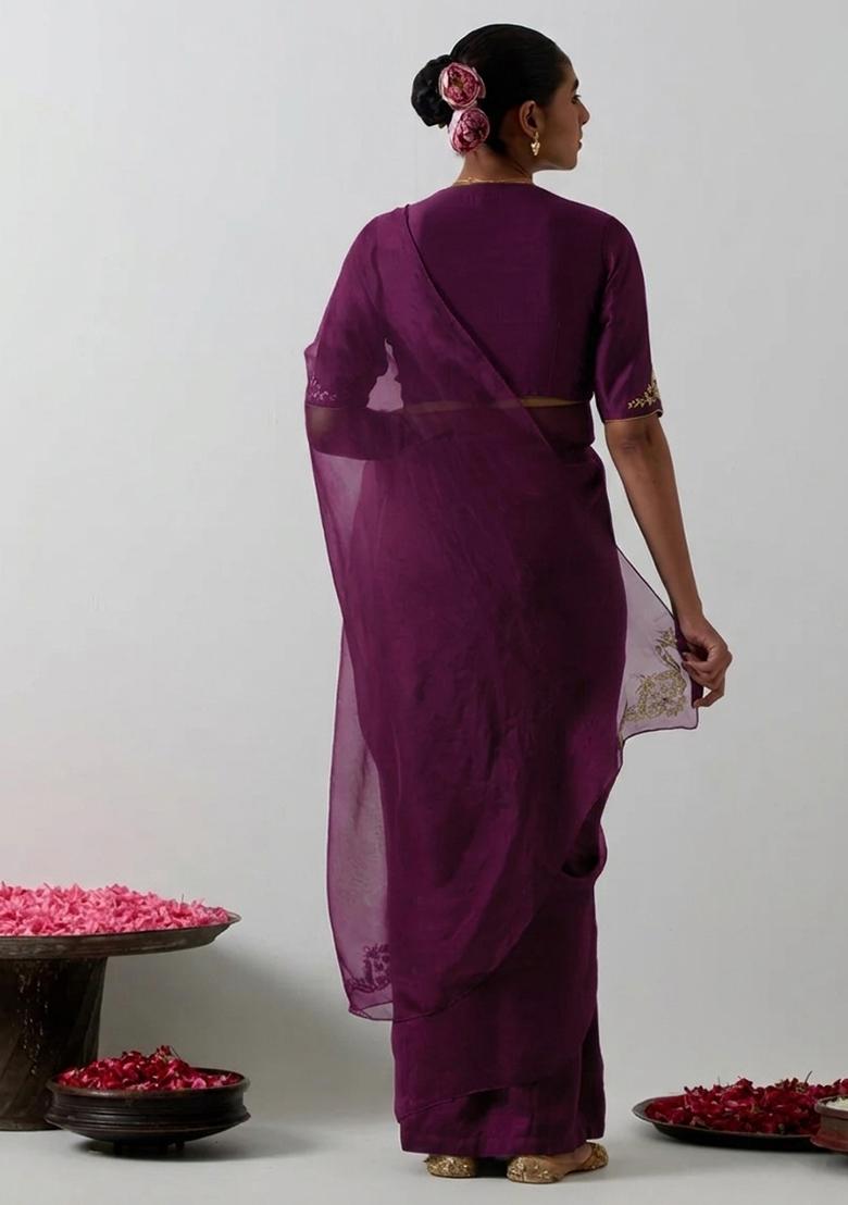 Wine Organza Handwork Pre Draped Saree Set - Indya