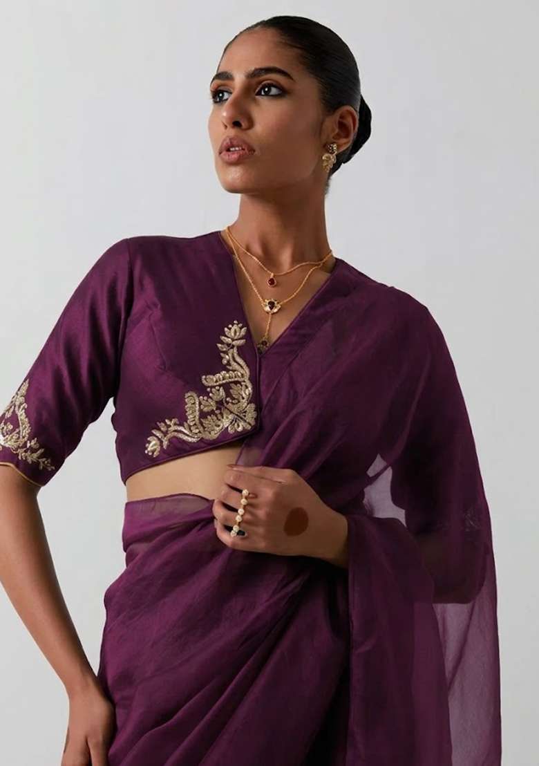 Wine Organza Handwork Pre Draped Saree Set - Indya
