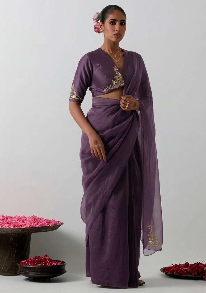 Purple Organza Handwork Pre Draped Saree Set - Indya