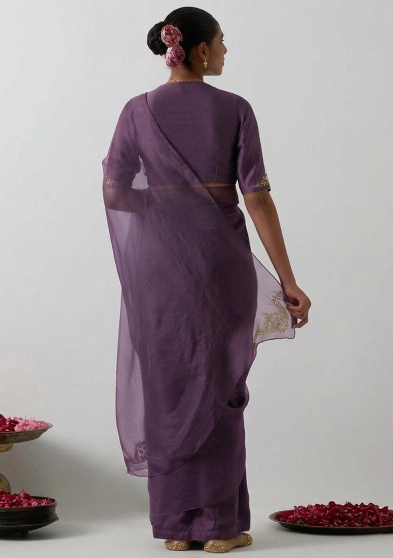Purple Organza Handwork Pre Draped Saree Set - Indya