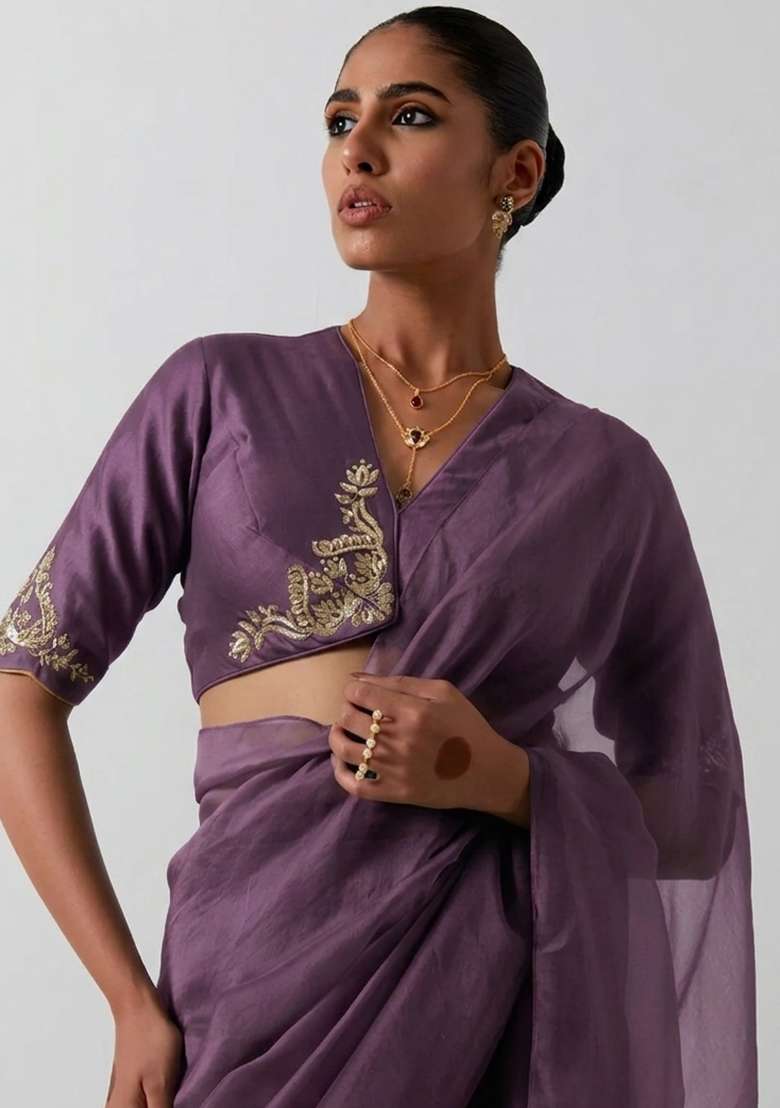 Purple Organza Handwork Pre Draped Saree Set - Indya