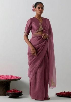 Mauve Organza Handwork Pre Draped Saree Set