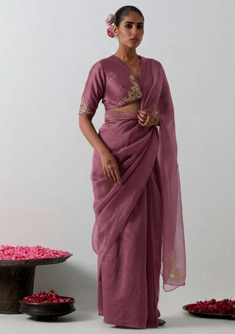 Mauve Organza Handwork Pre Draped Saree Set - Indya